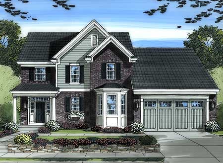 House plan exterior: Two-story brick home with covered entry, bay window, multiple gables, and attached three-car garage.