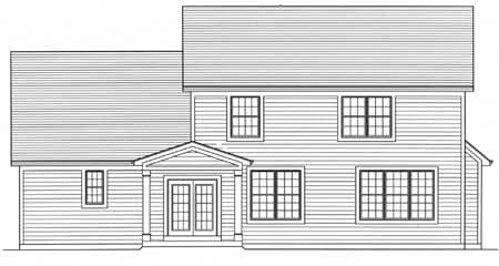 House plan front elevation: two-story home with double entry doors, gabled portico, and numerous multi-pane windows.