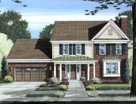 House plan exterior: Two-story home with attached two-car garage, prominent front porch, brick and siding facade, and dormer.