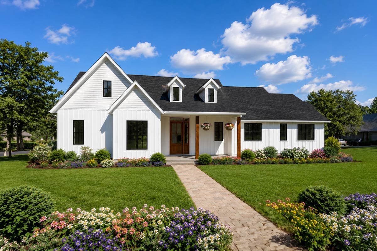Modern Farmhouse house plan exterior with white vertical siding, gables, dormers, and a covered front porch with wood posts.