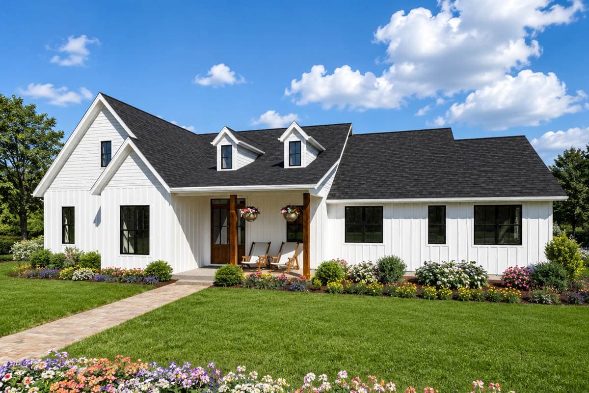 Modern Farmhouse house plan exterior with white board-and-batten siding, prominent gables, dormers, and a covered front porch.