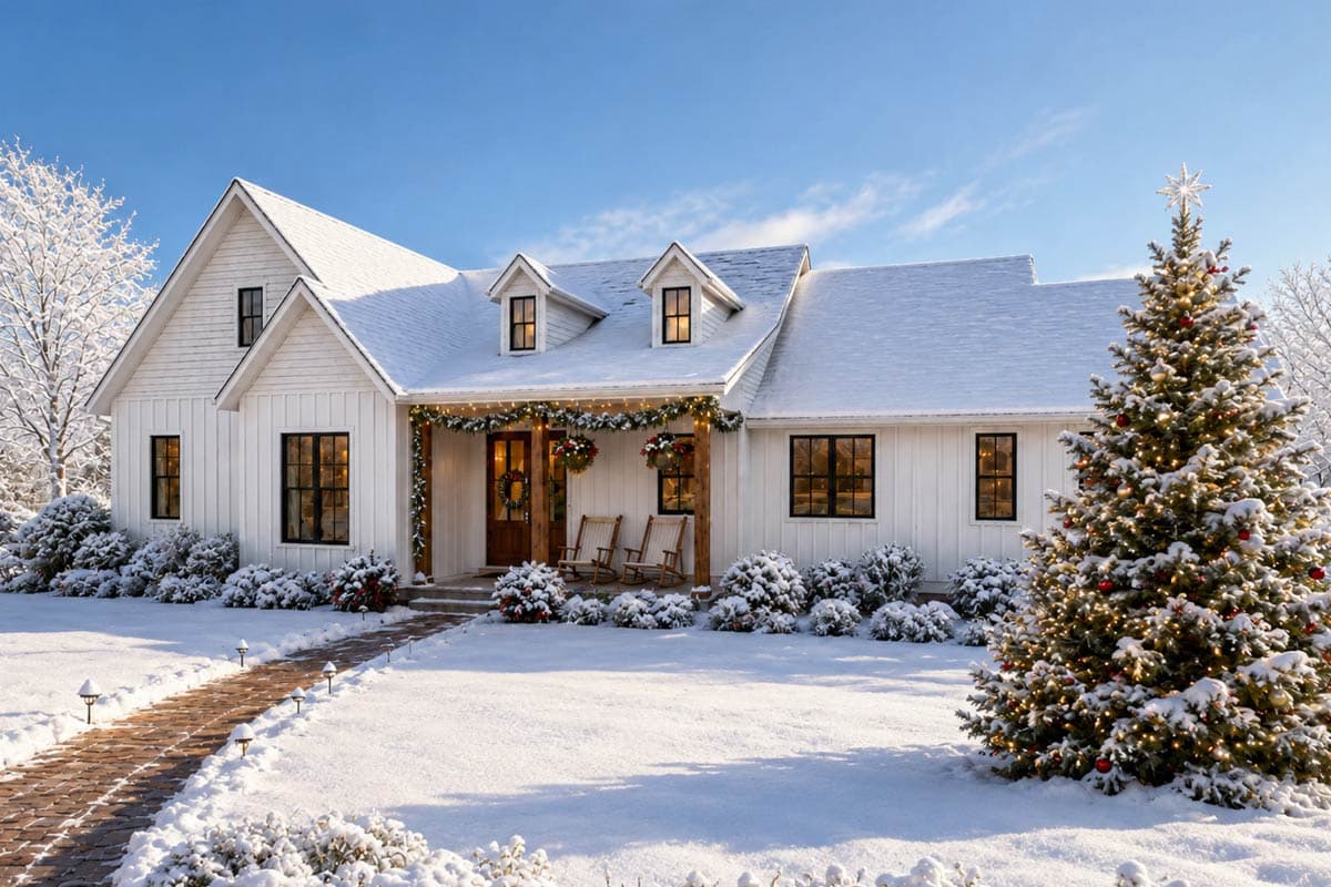Modern farmhouse house plan exterior with gabled dormers, a covered front porch, and board-and-batten siding.