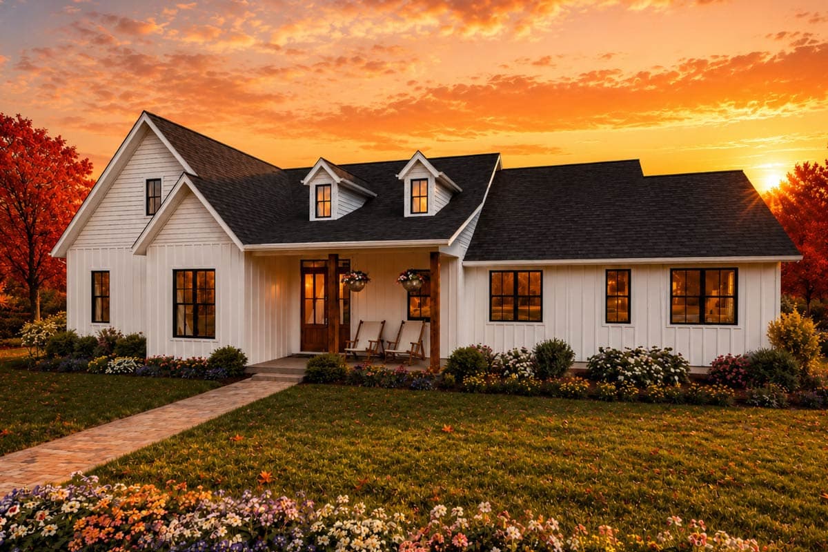 Modern Farmhouse house plan exterior with gables, dormers, covered porch with wooden columns, and board and batten siding.