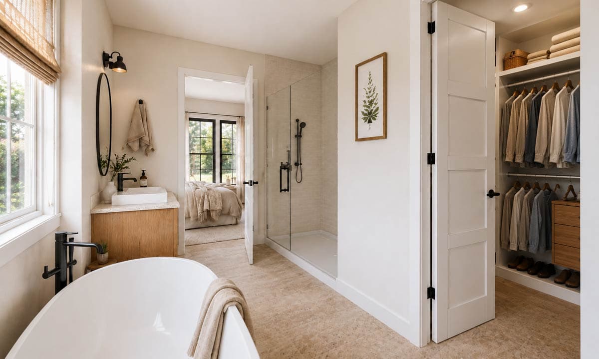 Master bathroom with freestanding tub, vanity, glass-enclosed shower, and walk-in closet. View into bedroom.