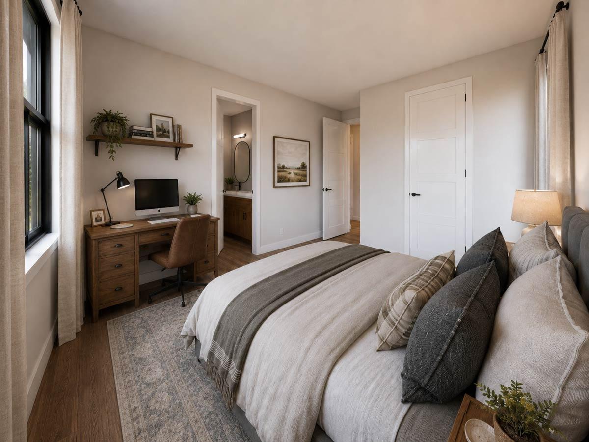 Primary bedroom with desk, en-suite bathroom access, and interior doors.