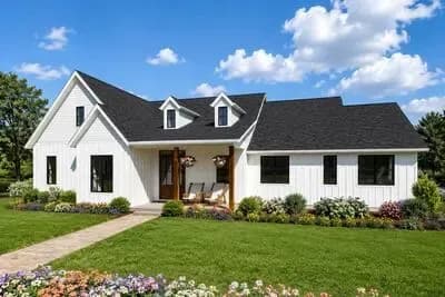 Modern Farmhouse House Plan with Split Bedrooms and Vaulted Office