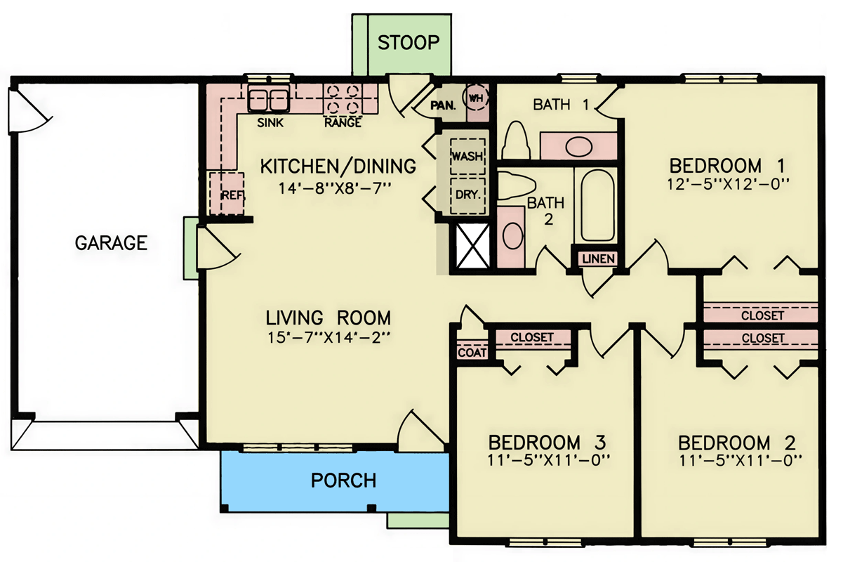 Plan 25981GE: Three-Bedroom Ranch House Plan with Attached One-Car Garage - Floor Plan - Image #7 - Ranch, Traditional