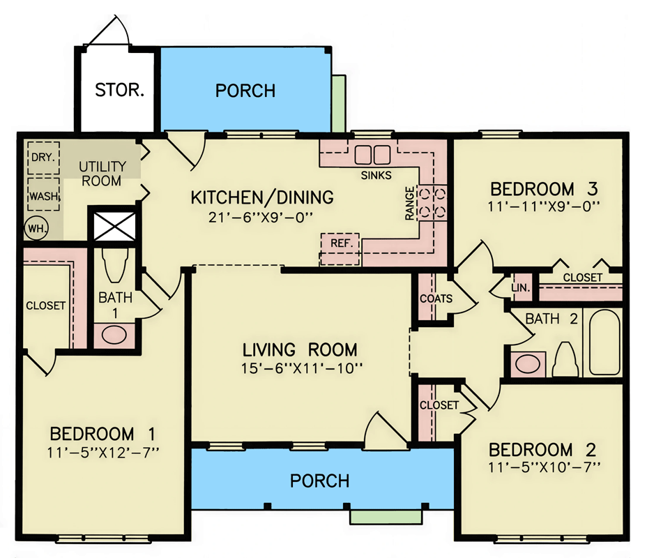 Plan 25983GE: Traditional Ranch House Plan with Three Bedrooms and Front Porch - Floor Plan - Image #7 - Ranch, Traditional