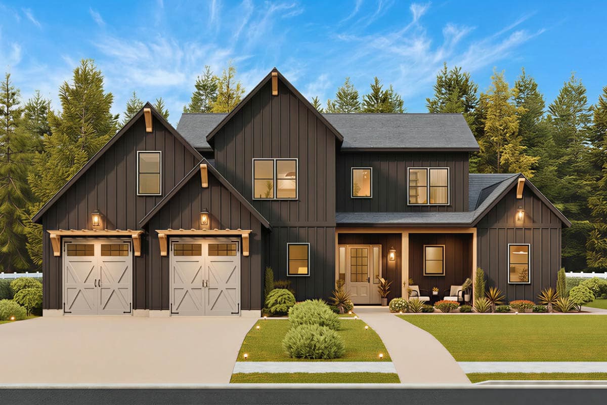 Modern Farmhouse house plan exterior with a dark vertical board-and-batten siding, a prominent gable, and a two-car garage.
