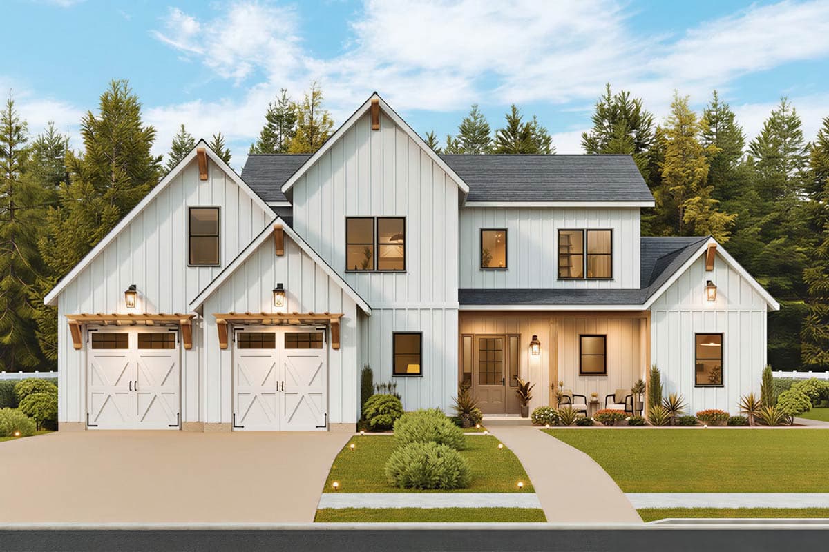 Modern Farmhouse house plan exterior with a white board and batten facade, dual garage doors, covered porch, and multiple gables.
