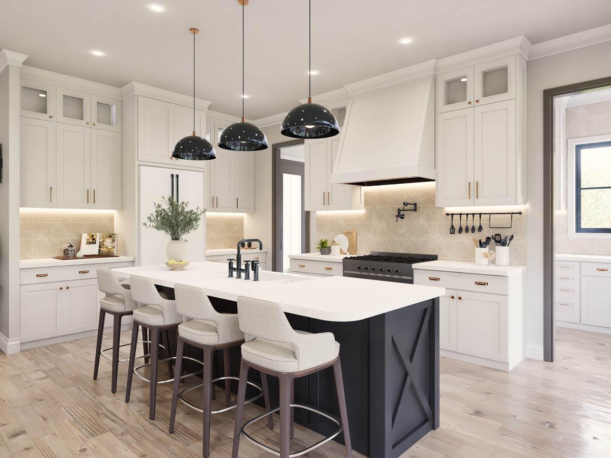 Kitchen rendering featuring a large island with seating, white cabinetry, a range hood, and modern pendant lights.