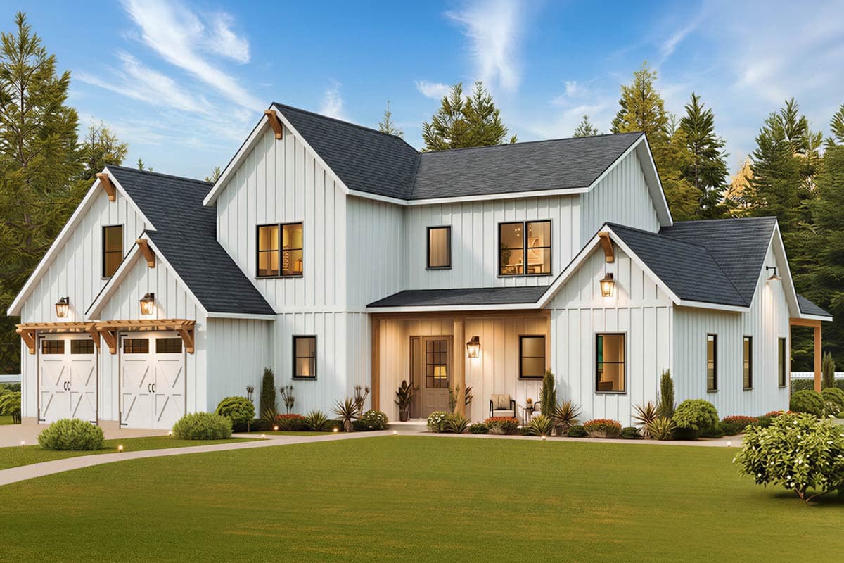 Modern Farmhouse house plan exterior with white board-and-batten siding, prominent gables, and a three-car garage with wooden pergolas.
