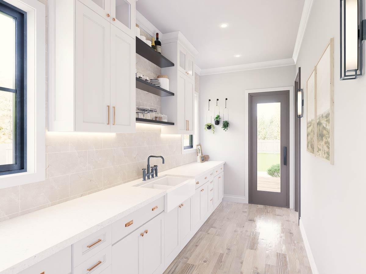 Kitchen pantry with white cabinets, farmhouse sink, quartz countertops, and wood plank flooring leading to glass door.