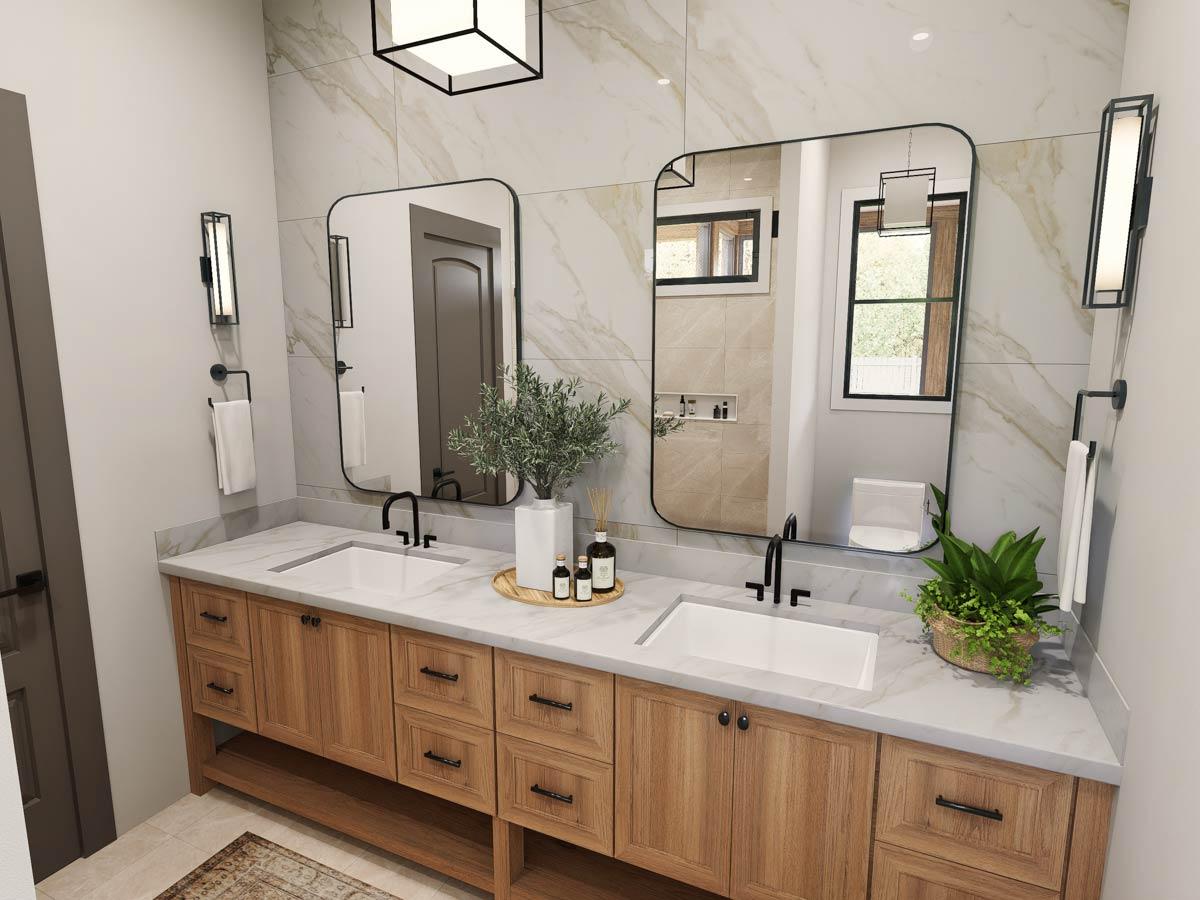 Bathroom vanity with dual sinks, marble countertop, wood cabinetry, and modern sconces.
