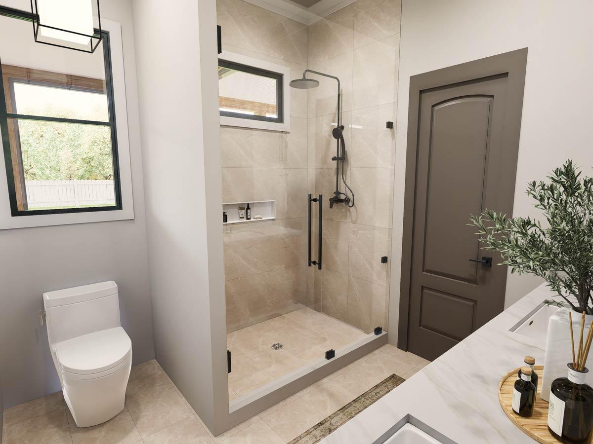 Bathroom rendering with glass-enclosed shower, toilet, and arched door. Modern design with neutral tones.
