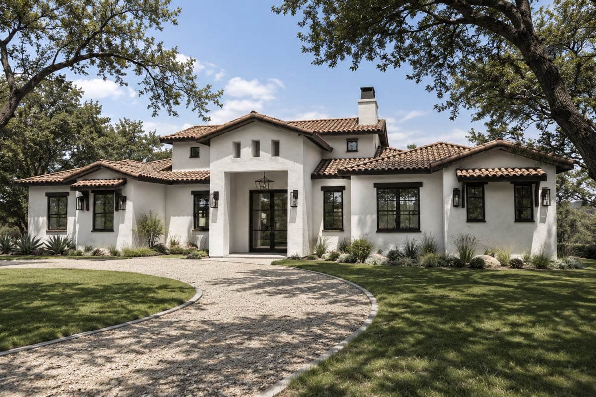 House plan exterior: Spanish Colonial style, stucco facade, tile roof, arched entryway with double doors, and prominent chimney.