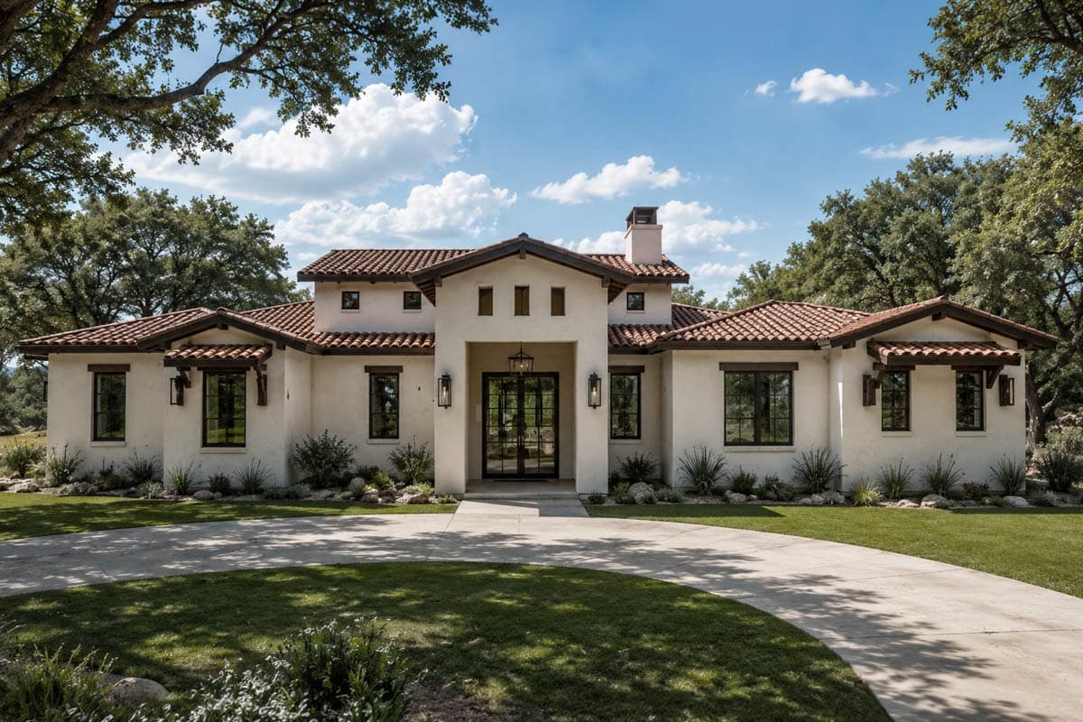 House plan exterior: Spanish Colonial style, stucco finish, tile roof, central entryway with double doors, multiple gables, and attached garage.