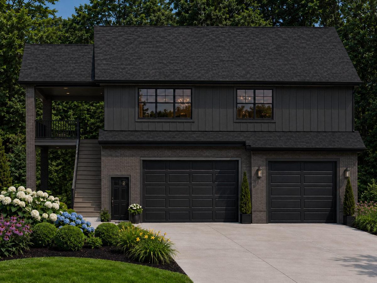 House plan exterior with vertical siding, brick facade, two garage doors, and elevated porch with stairs.