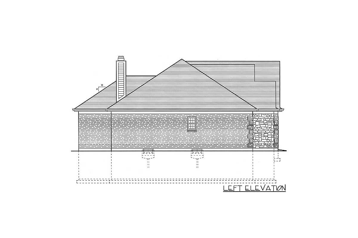 Left elevation drawing of a house plan featuring a pitched roof, brick siding, stone accents, and a chimney.