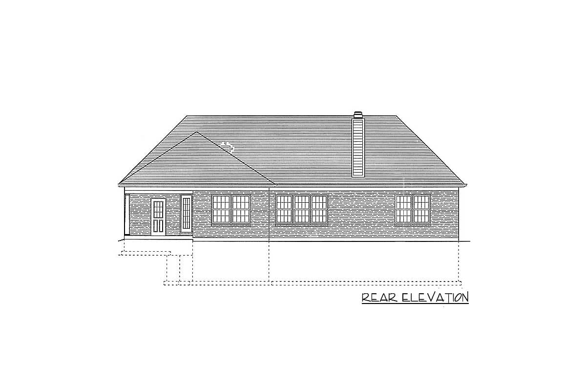 Rear elevation drawing of a house plan showing a brick exterior, a pitched roof with dormers, and multiple windows.
