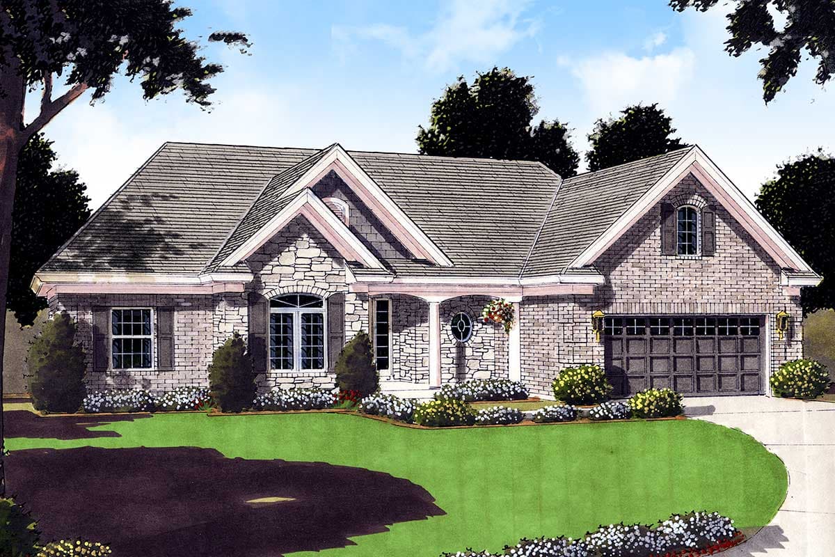 House plan exterior: One-story brick and stone home with gables, arched windows, covered porch, and attached two-car garage.