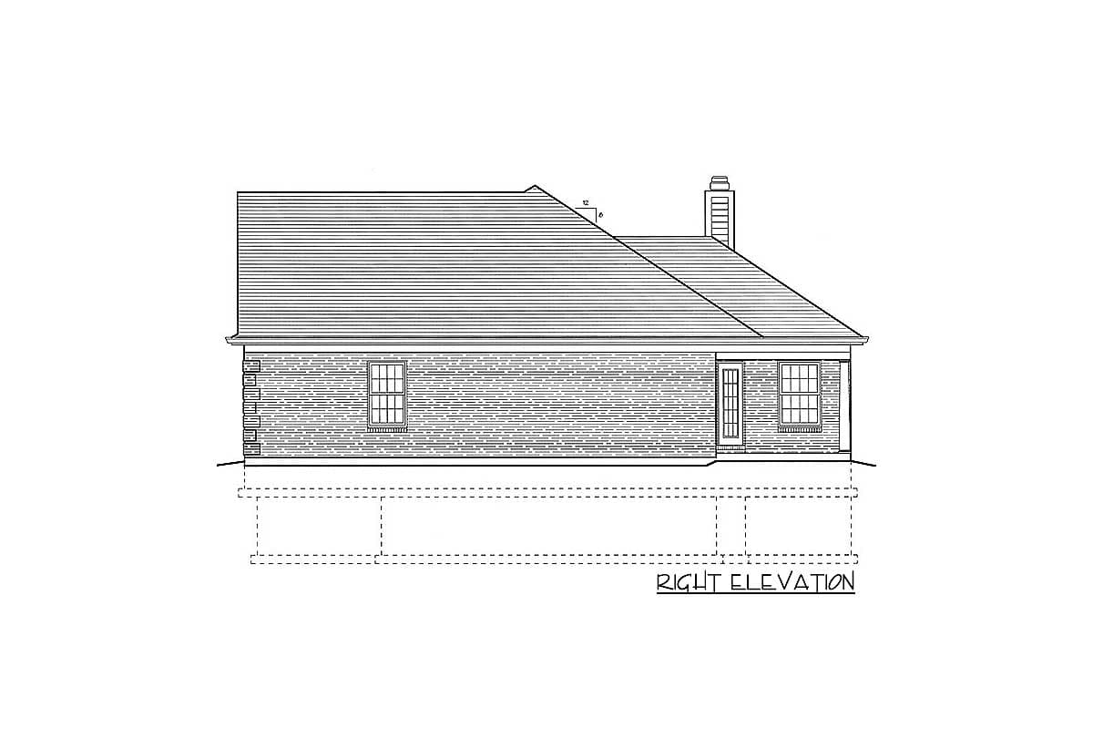 Right elevation drawing of a house plan, showing pitched roof, brick exterior, chimney, and two windows.