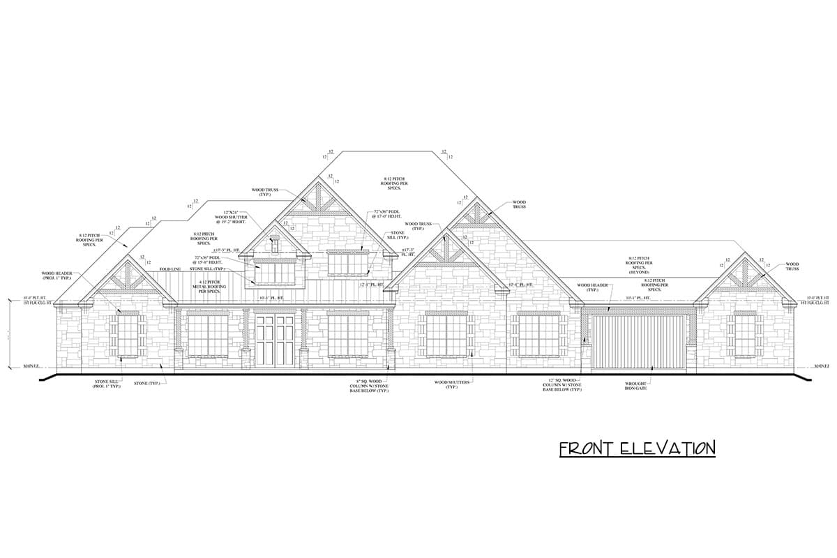 Front elevation of a house plan featuring stone exterior, multiple gables with wood trusses, a central covered porch, and a two-car garage.
