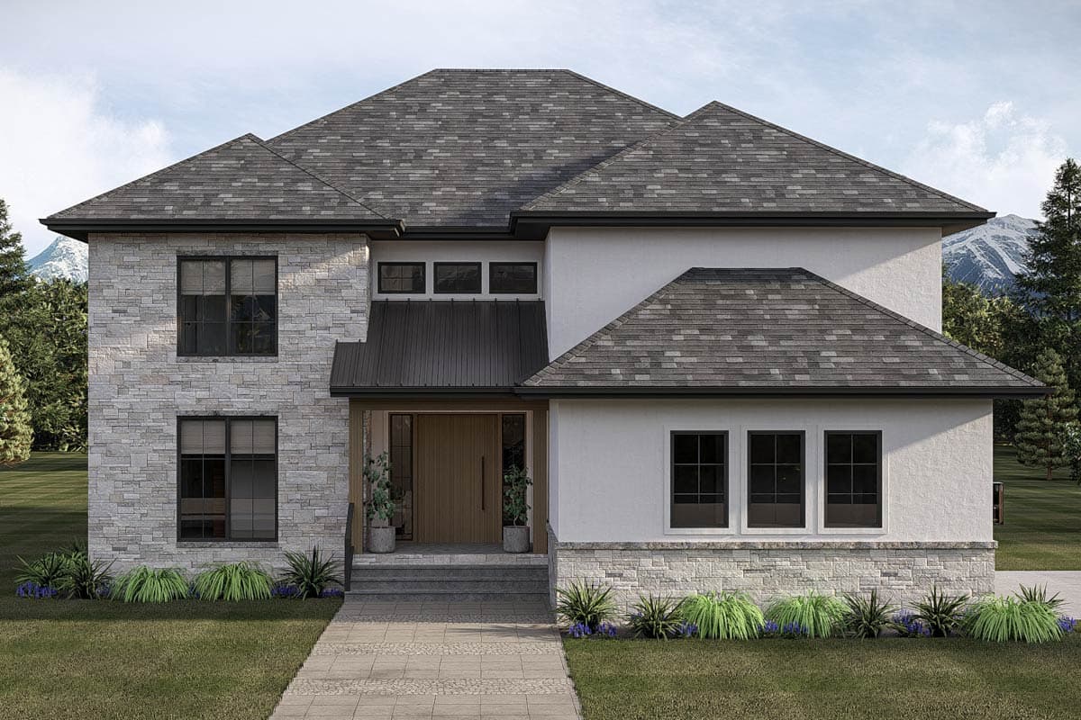 House plan exterior: Two-story modern home with stone and stucco facade, prominent gables, and a metal-clad entry.