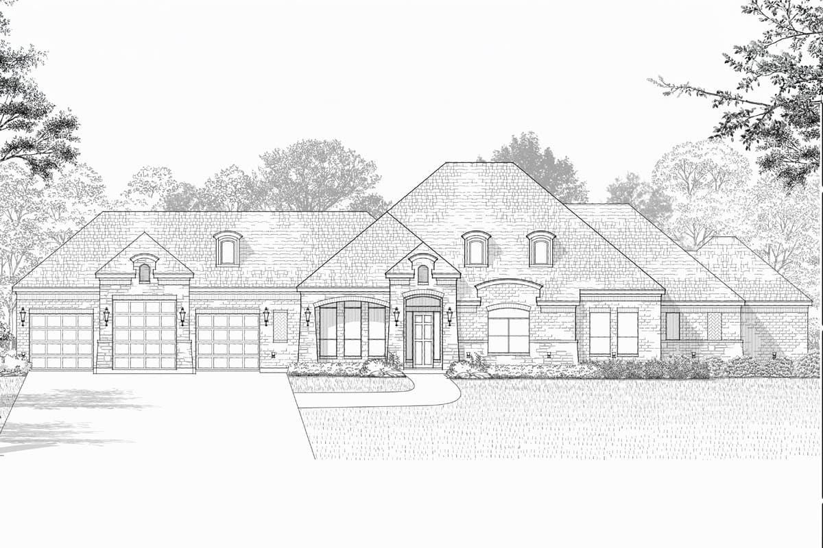 House plan exterior: Single-story home with a three-car garage, arched entryway, and multiple gables.