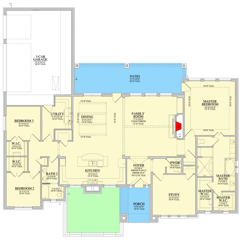 Plan 440051PWL: French Country House Plan with Three Bedrooms and Study - Floor Plan - Image #2 - European, French Country, Traditional