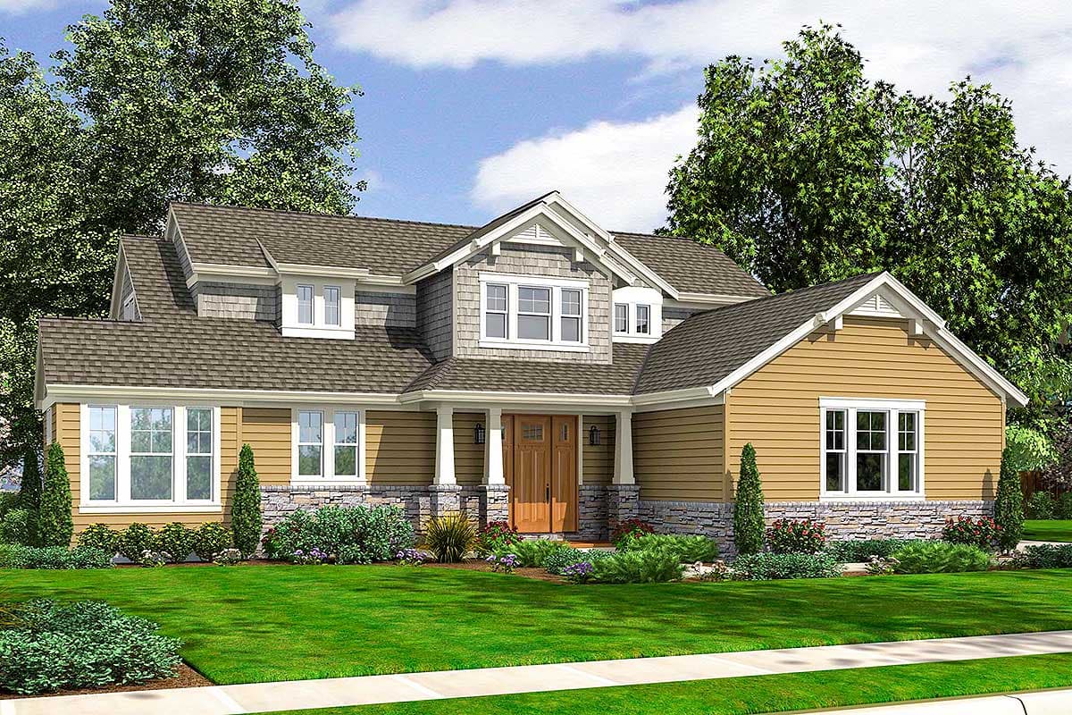 Craftsman style house plan exterior featuring a prominent gable, dormers, stone accents, and a covered entry with double doors.