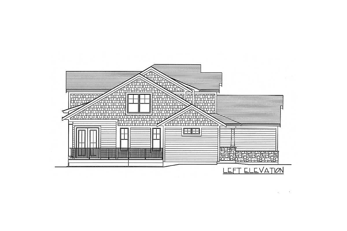 Left elevation drawing of a two-story house plan with gables, dormers, shingle siding, and a stone foundation.