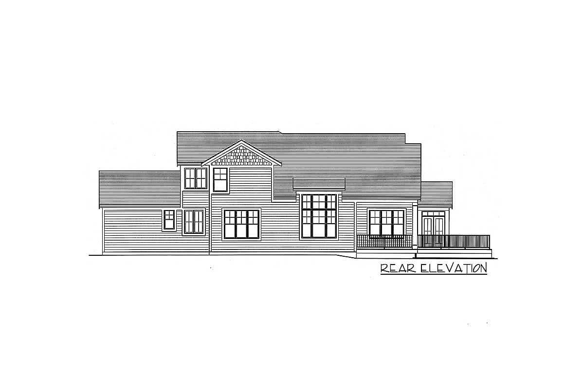 Rear elevation drawing of a two-story house plan with a gable dormer, varied window sizes, and a deck.