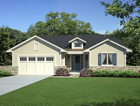 House plan exterior: Ranch style, one story, with a side-entry garage, stone base, and dormer.