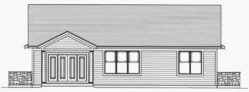 House plan elevation drawing showing a single-story exterior with a gabled entrance featuring double doors, siding, and stone accents.