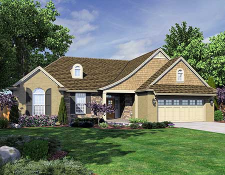House plan exterior: One-story home with gables, dormers, arched windows, and a side-entry garage.