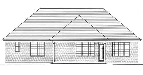 House plan exterior: One-story brick house with a hip roof, central gable, and multiple grid windows. Includes a single door.