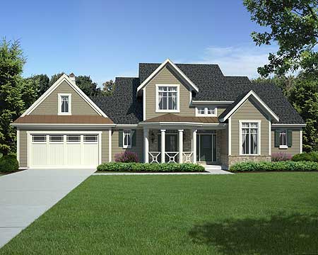 House plan exterior: two-story Modern Farmhouse with a gable dormer, covered front porch with columns, and a side-facing garage.