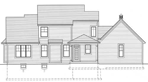 House plan elevation drawing of a two-story home with a gable roof, multiple dormers, and a covered entry.