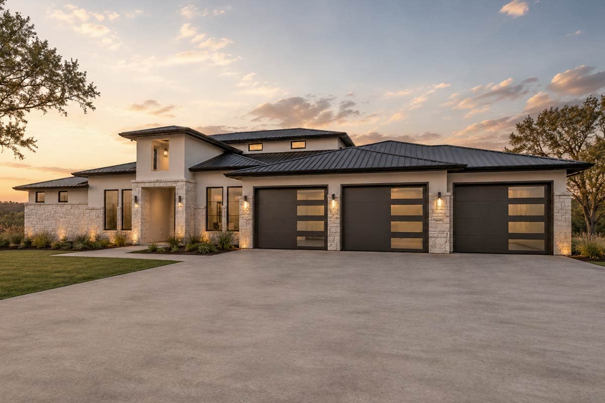 Contemporary Hill Country House Plan with Four Bedrooms and Three-Car Garage