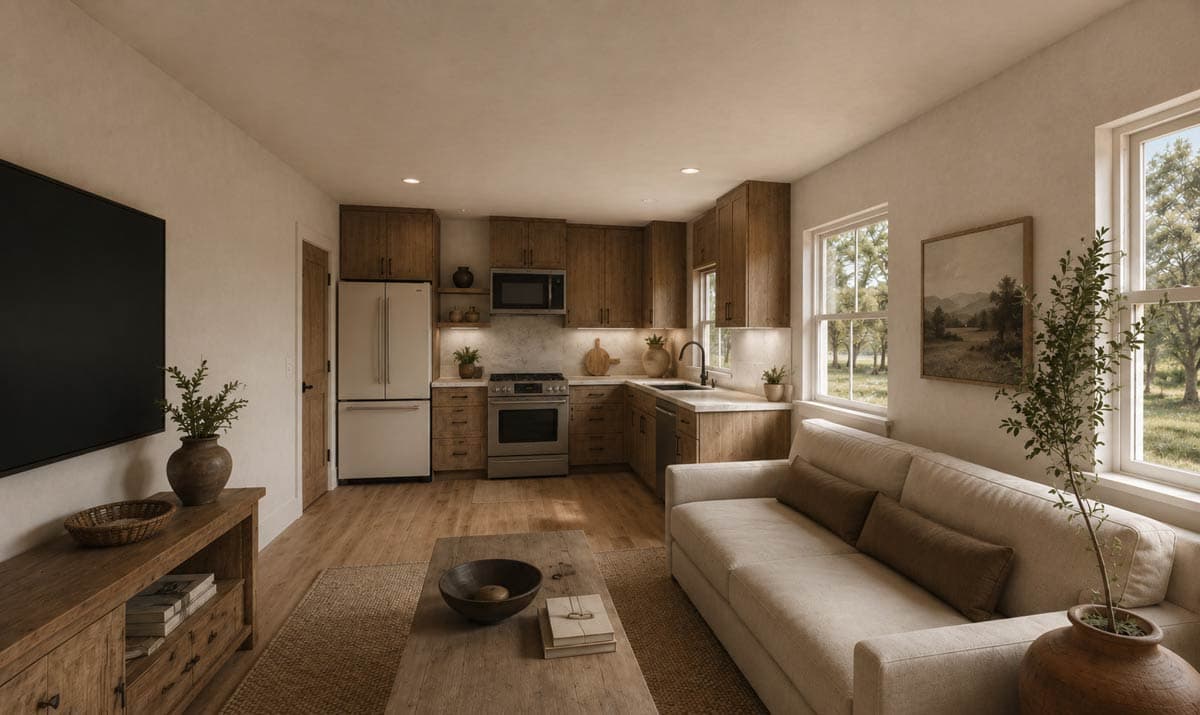 Plan 150028HRP: Cozy Rustic Farmhouse Plan with One Bedroom and Three-Car Garage - Image #6 - Country, Farmhouse, Mountain, Ranch, Rustic