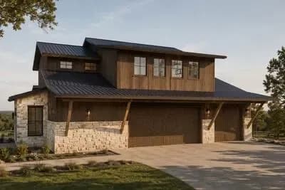 Rustic Farmhouse Carriage House Plan with Workshop and Three-Car Garage