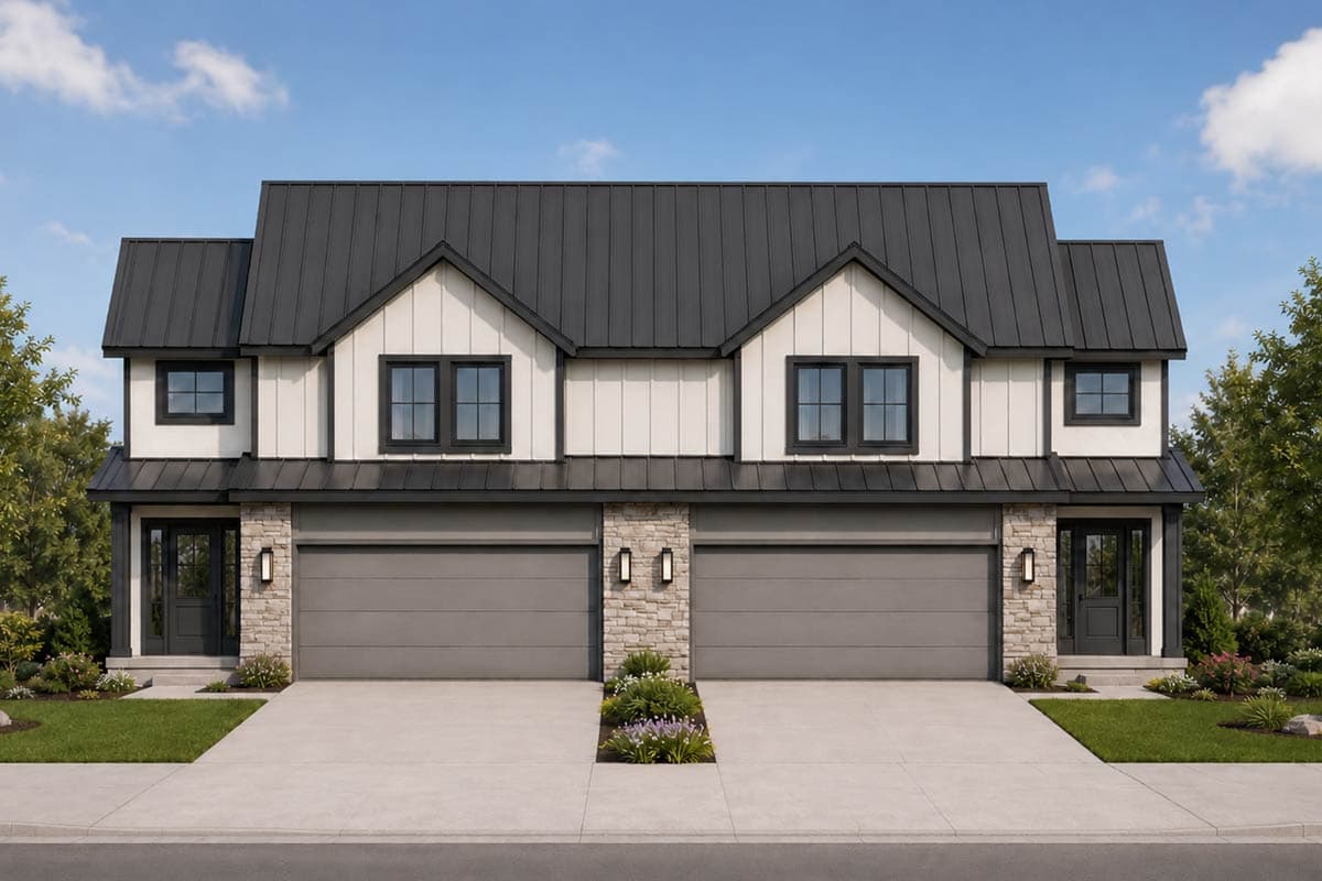 Plan image - 42773DB:Modern Farmhouse Duplex House Plan with Three Bedrooms and Two-Car Garages