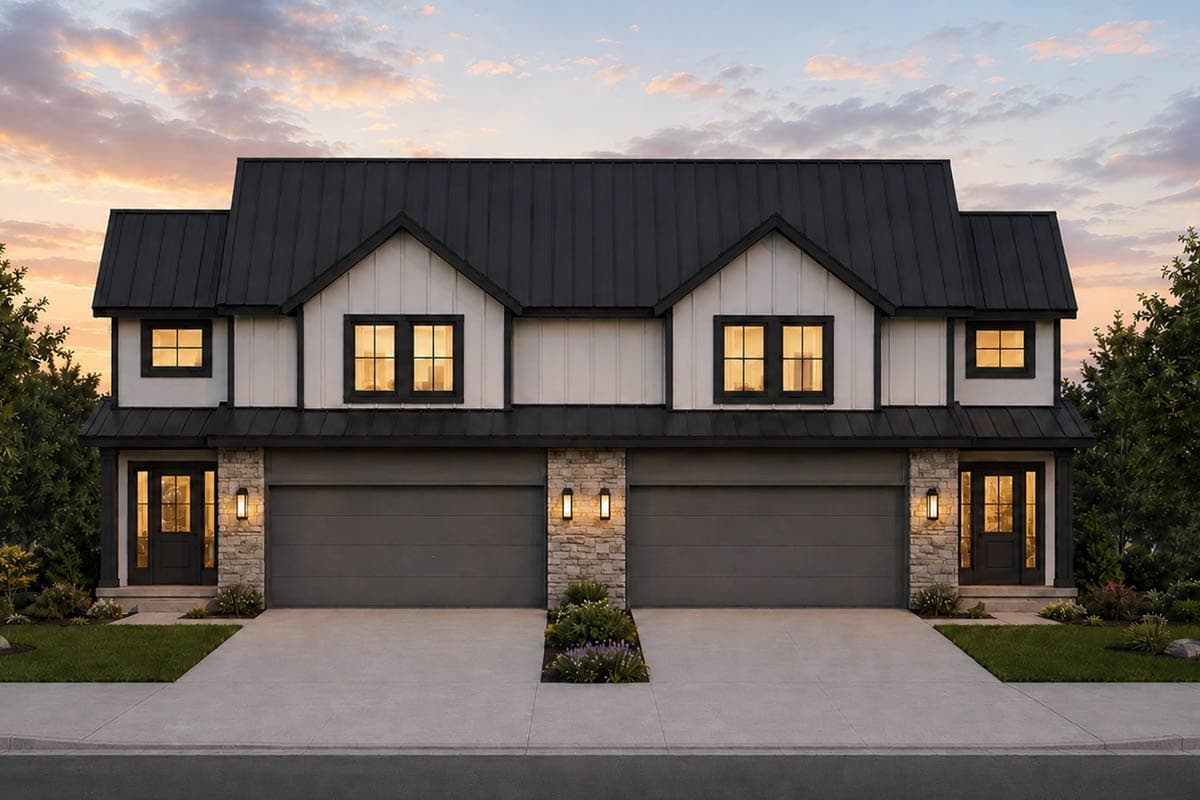 Plan 42773DB: Modern Farmhouse Duplex House Plan with Three Bedrooms and Two-Car Garages - Image #3 - Modern Farmhouse, New American
