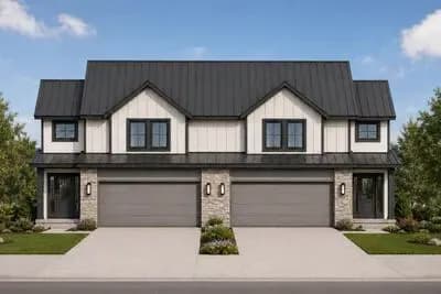 Modern Farmhouse Duplex House Plan with Three Bedrooms and Two-Car Garages