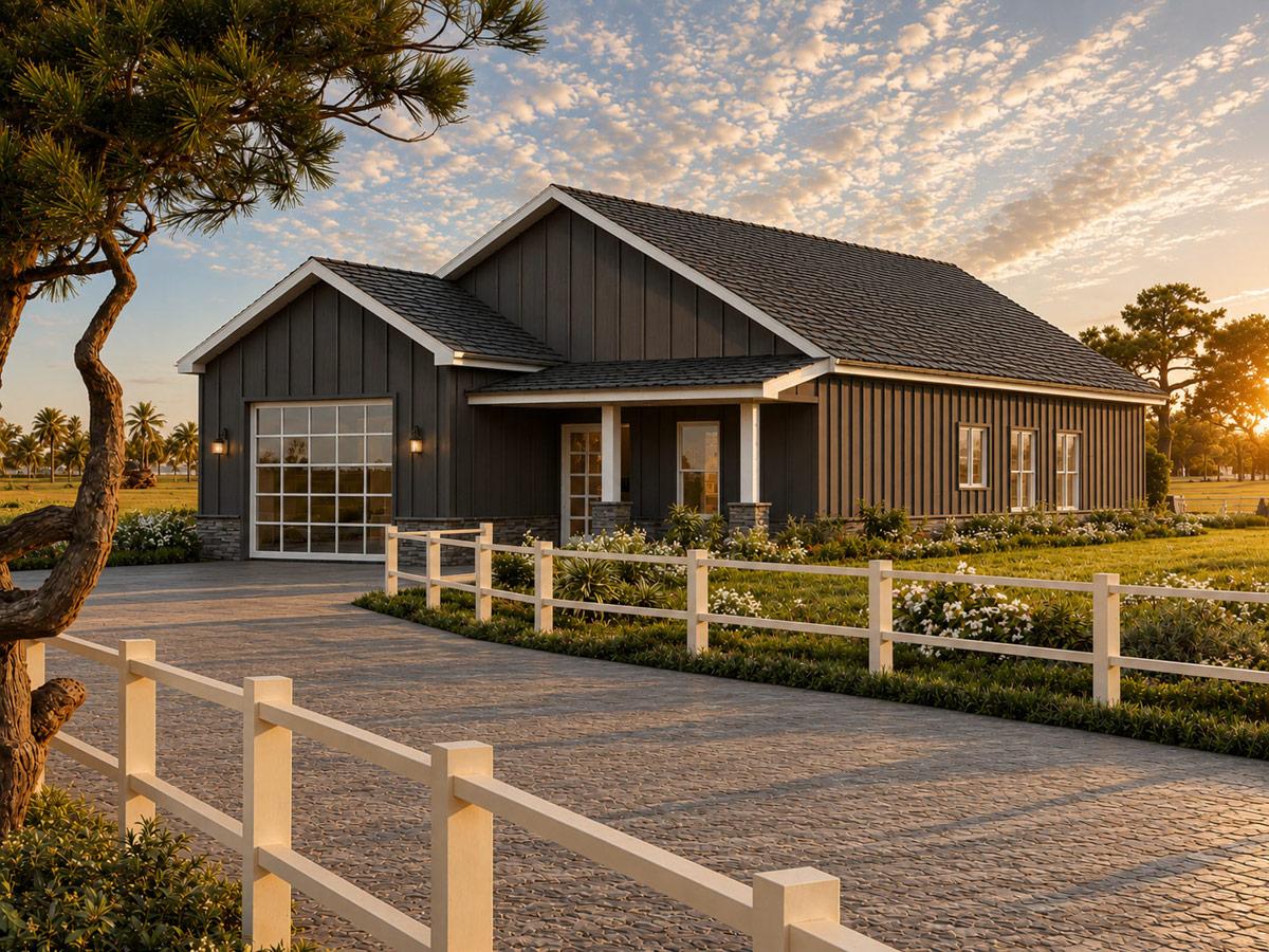 Plan 850047PKE: Narrow Modern Barndominium House Plan with 3 Bedrooms and 1,609 Square Feet - Image #2 - Barndominium, Craftsman, Traditional