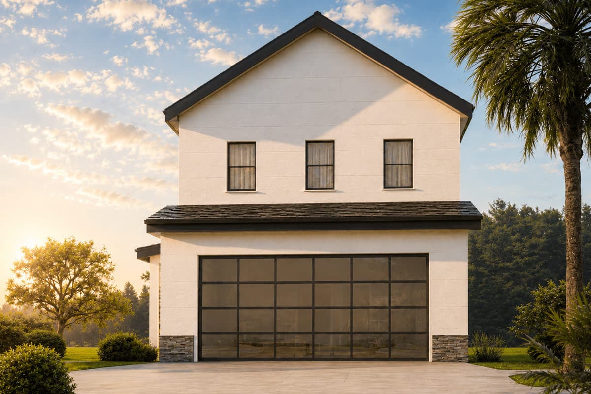 Plan image - 850052PKE:Modern Three Bedroom House Plan with Two Car Garage and Patio