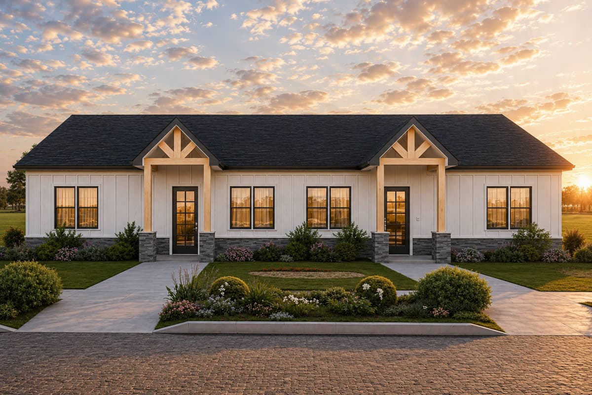 Plan image - 850053PKE:Modern Barndominium Duplex House Plan with Two Bedrooms and Two Baths