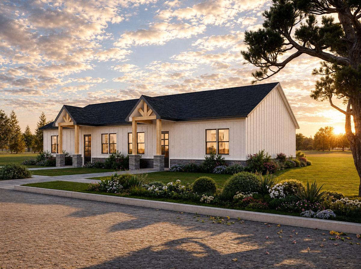 Plan 850053PKE: Modern Barndominium Duplex House Plan with Two Bedrooms and Two Baths - Image #2 - Barndominium, Modern Farmhouse