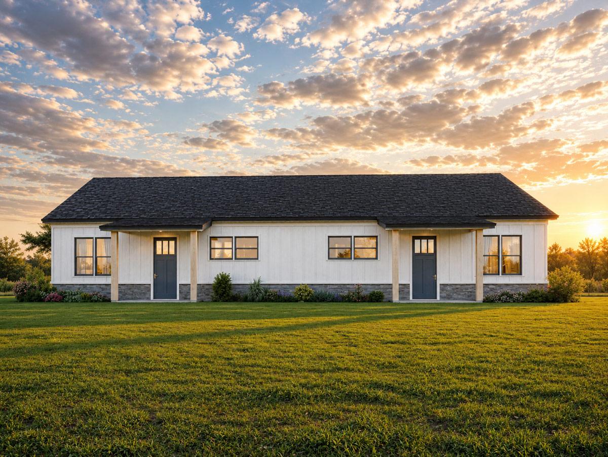 Plan 850053PKE: Modern Barndominium Duplex House Plan with Two Bedrooms and Two Baths - Image #3 - Barndominium, Modern Farmhouse